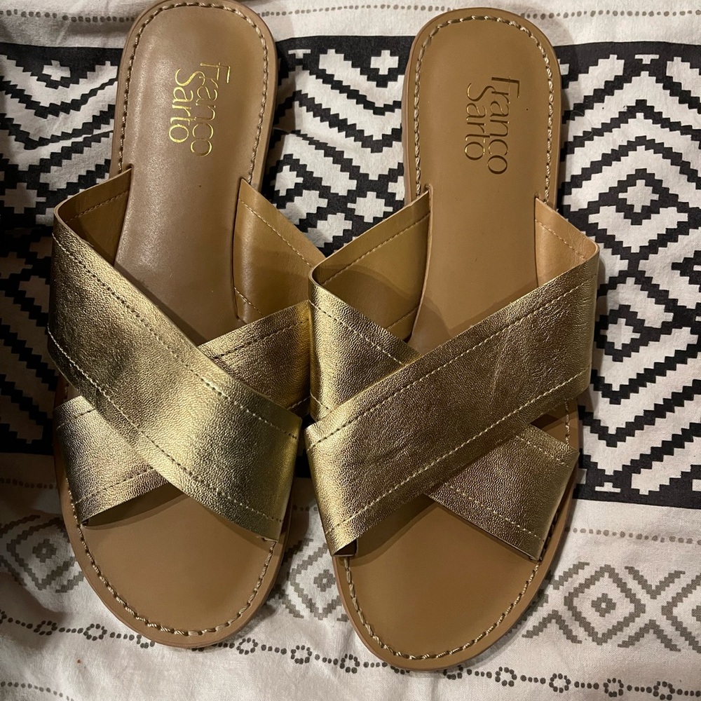 Franco Sarto Metallic Gold and Tan Sandals